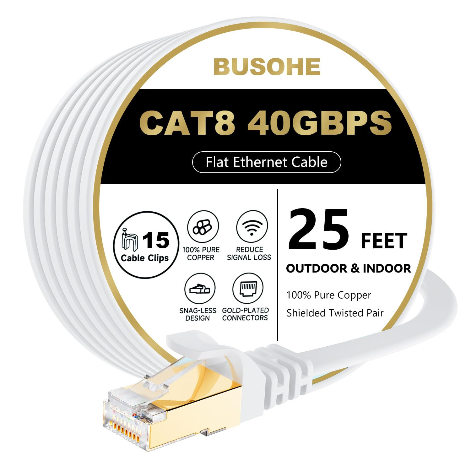 BUSOHE Cat 8 Ethernet Cable 25 FT, 40Gbps 2000Mhz High Speed Flat Cat8 Cable