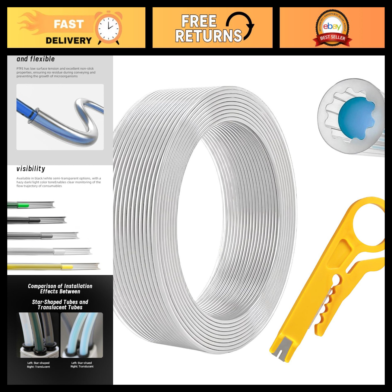 5M 260°C High-Temp 3D Printer PTFE Tube OD 4mm Star Shape Filament Guide