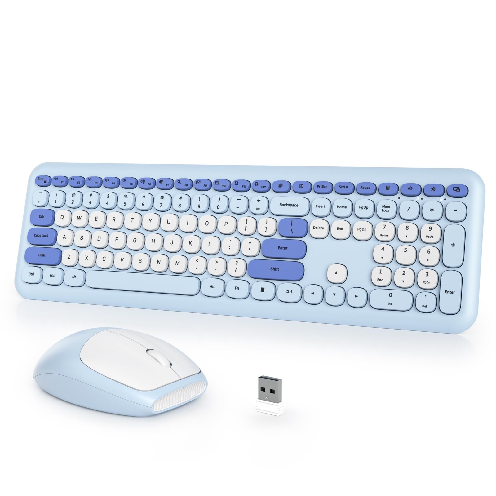 Blue White Typewriter Wireless Keyboard Mouse Combo 2.4G 104 Keys Retro PC