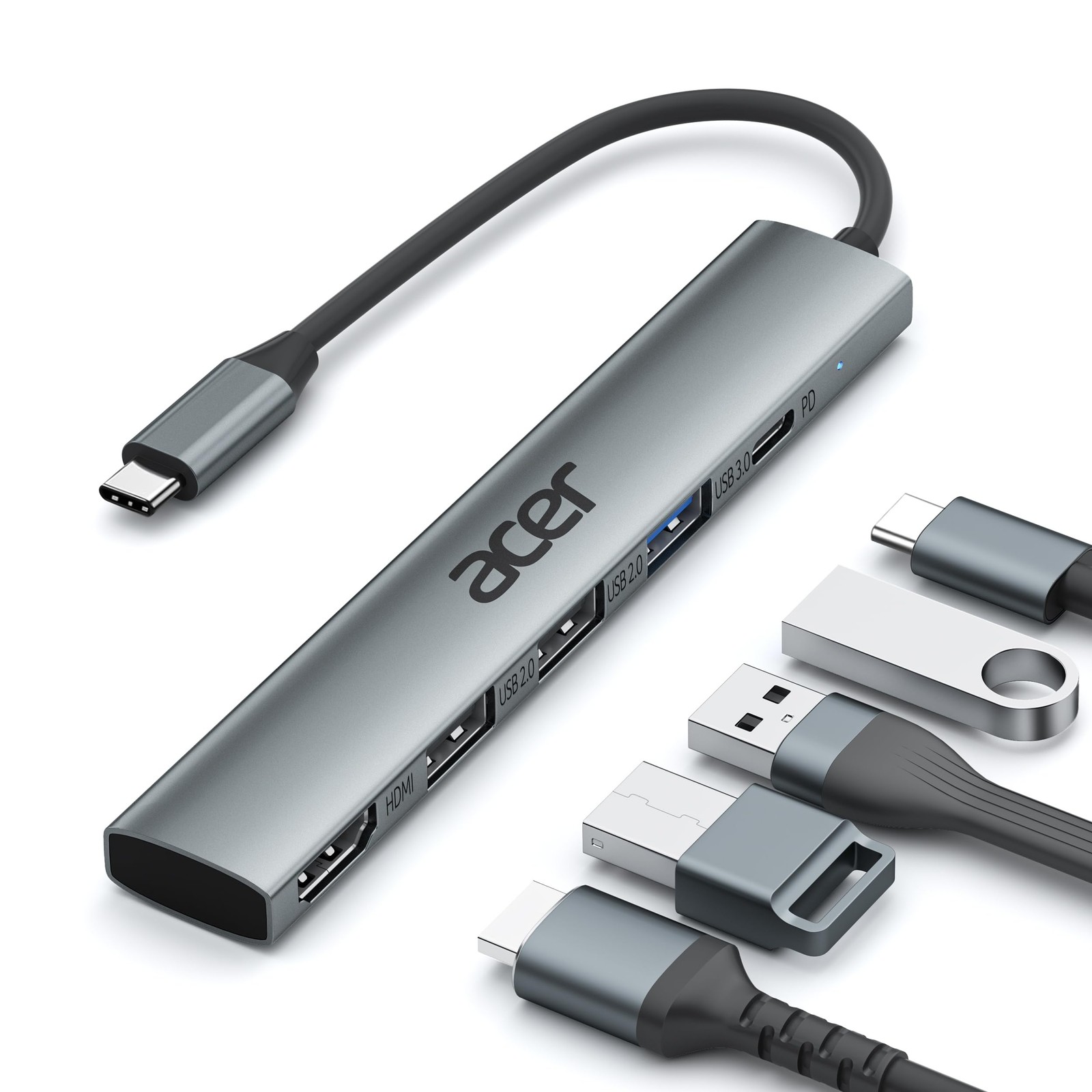 Acer 5 in 1 USB C Hub with 4K HDMI, 100W Power Delivery, 3 A 15cm, Grey