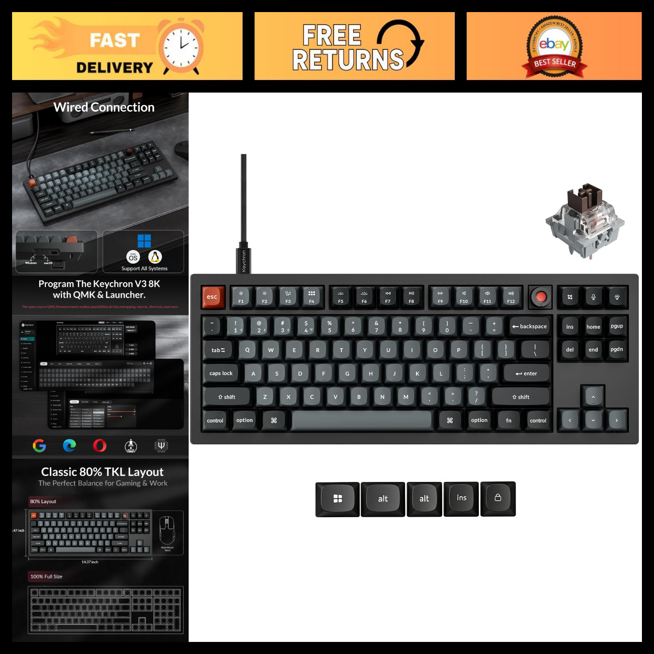 8K TKL Wired Mechanical Gaming Keyboard - Hot-Swappable, RGB Backlit, Ergonomic