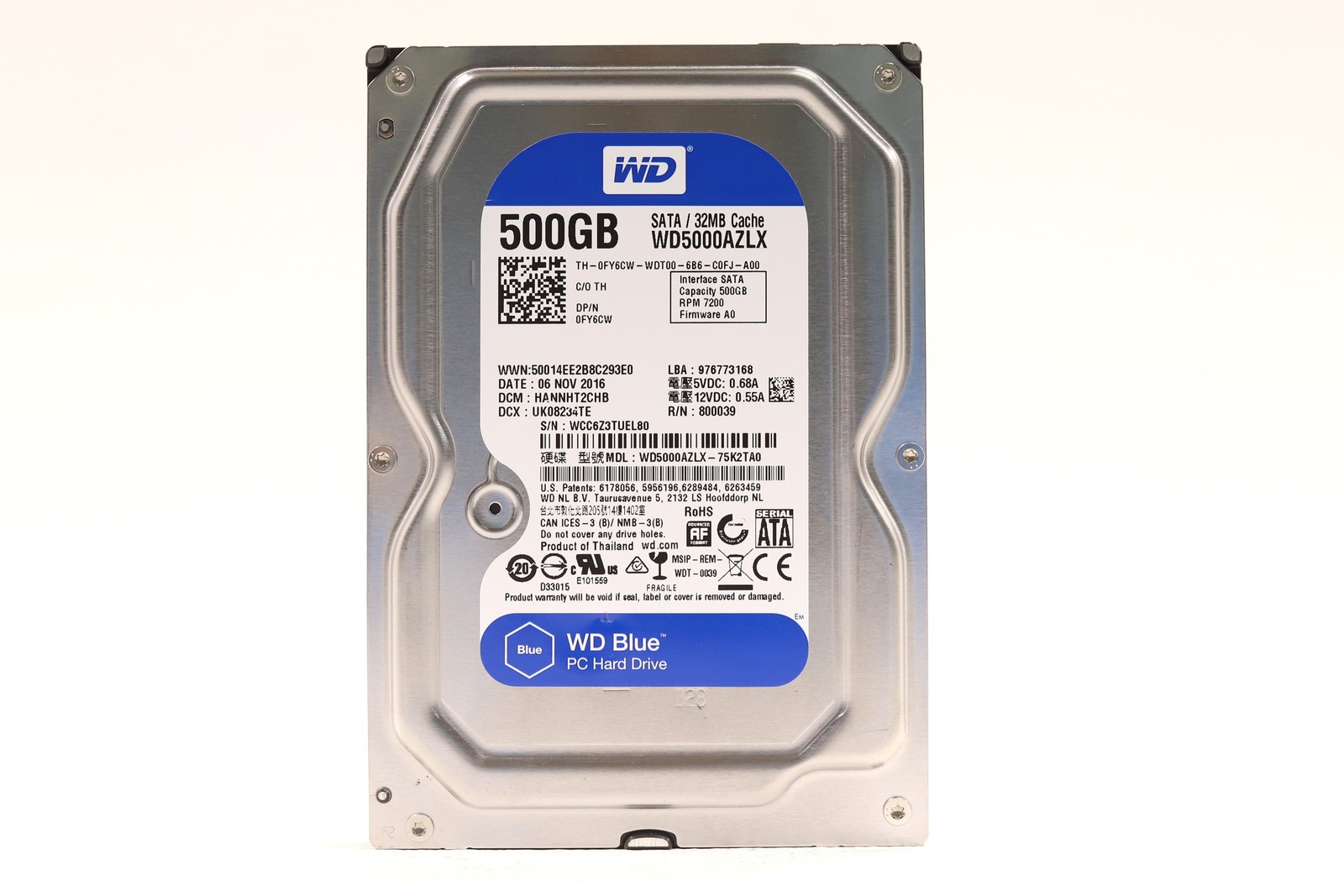 WD WD5000AZLX-75K2TA0 500GB 3.5" 6Gb/s 32MB 7.2K RPM SATA HDD Dell P/N: 0FY6CW