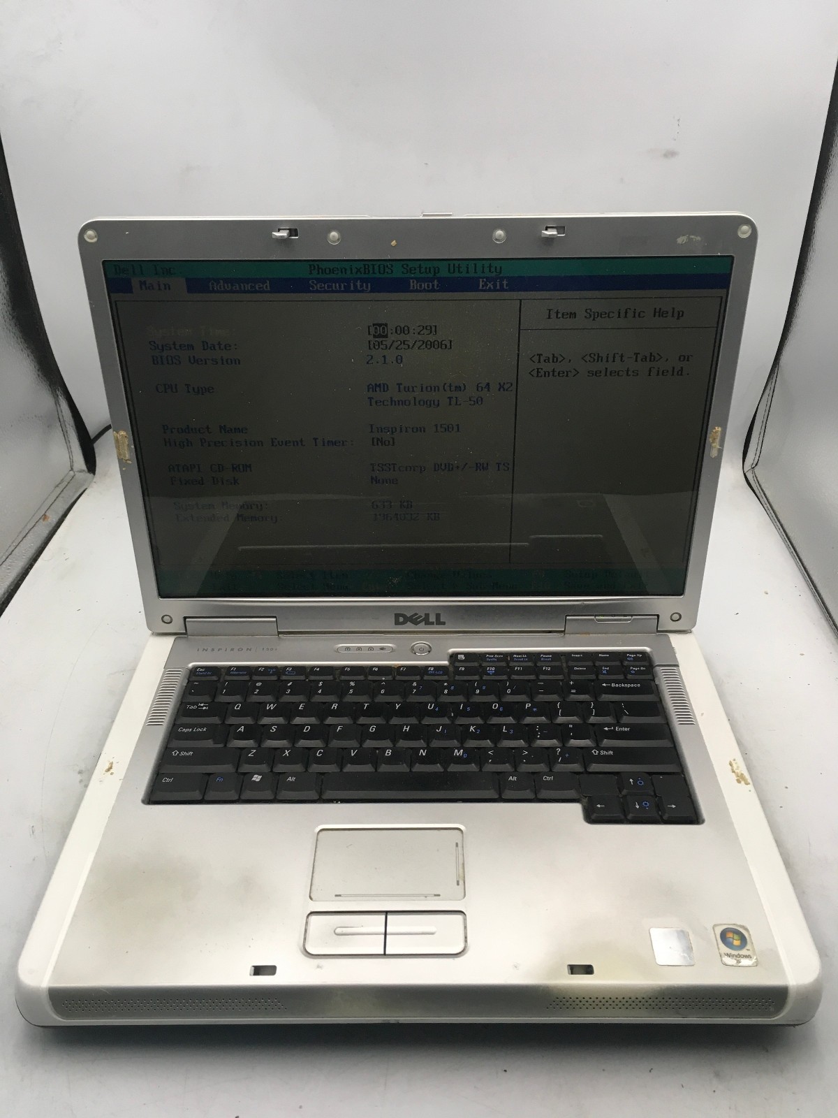 DELL INSPIRON 1501 - BOOTS TO BIOS - AMD TURION X2 - 1GB RAM - 15" -READ DESC-BB