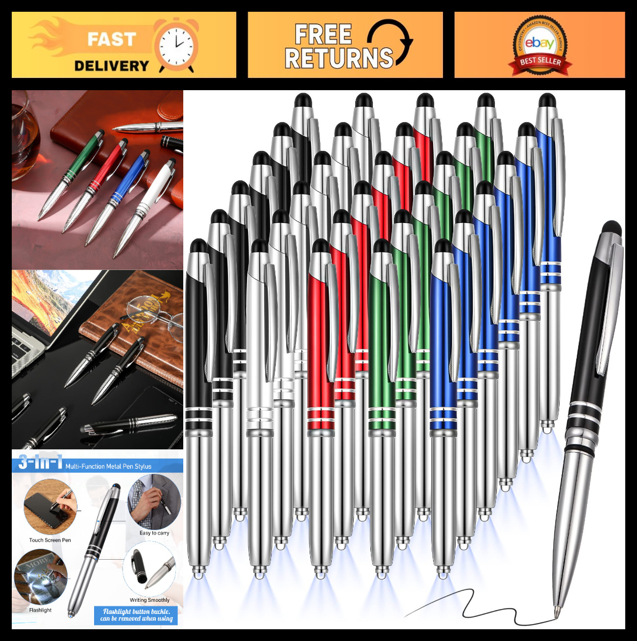 30 Pack 3-in-1 Stylus Pens with LED Light - Capacitive Touch Screen Ballpoint Pe