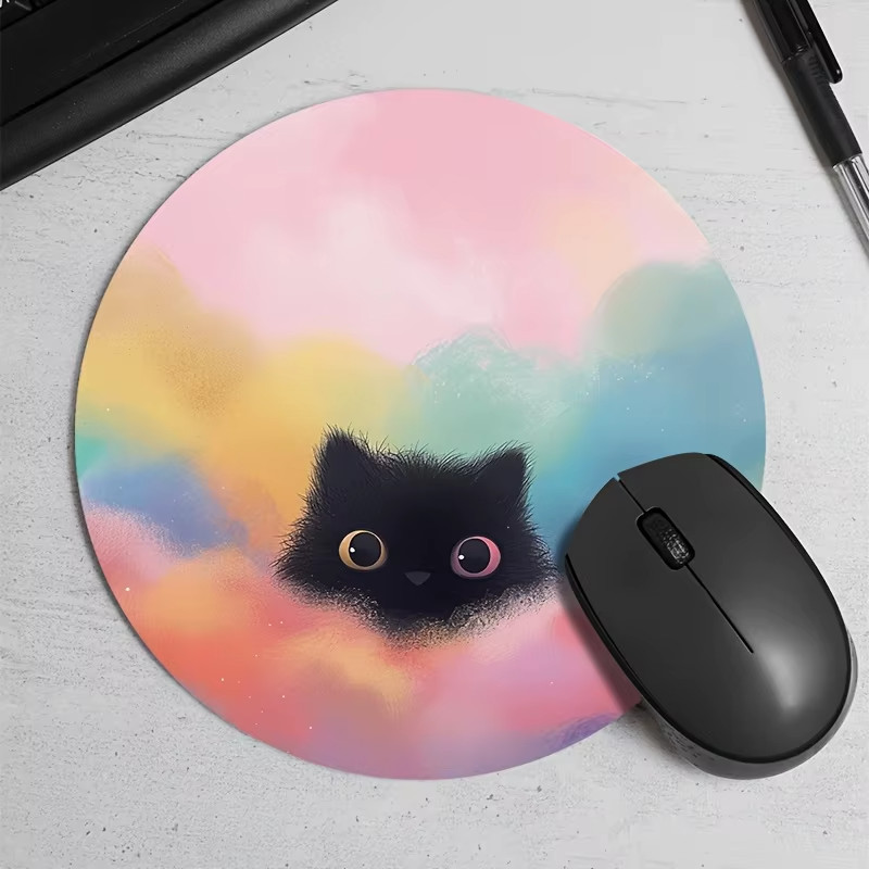 Cute Black Cat Mouse Pad Round Non Slip Rubber Desk Mat Gaming Office Computer 