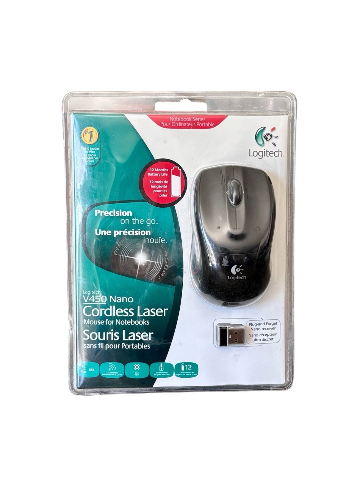 Logitech V450 Nano Cordless Laser Mouse Notebook USB PC Mac Sealed New