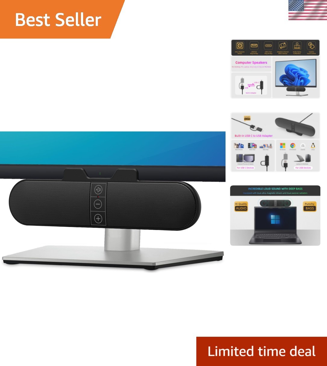 Wired USB Computer Speakers for Improved Audio - Touch Control, 40mm Drivers