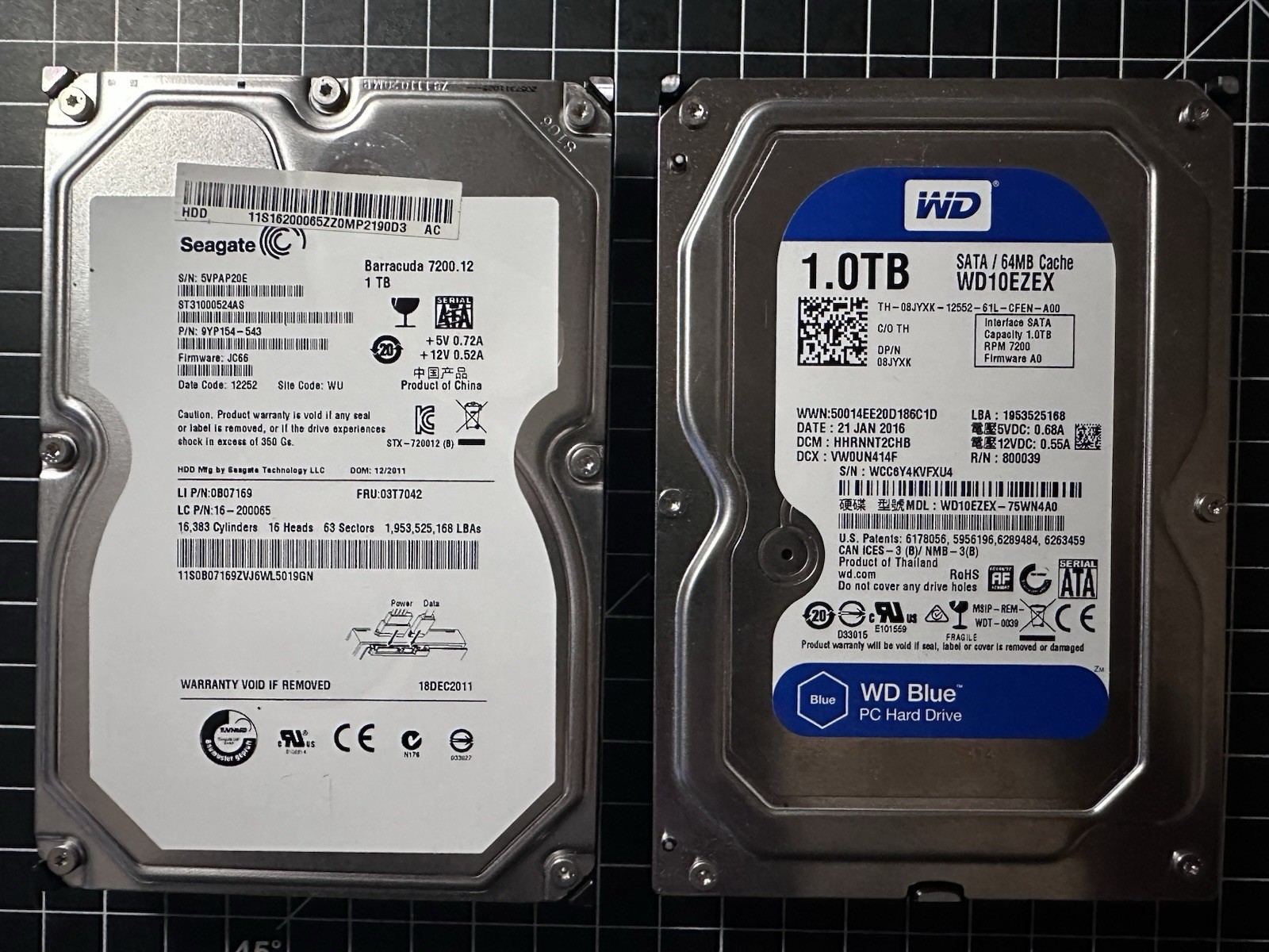 2x 1 TB HDD 3.5” Seagate & Western Digital Blue (2TB Total) Tested Good