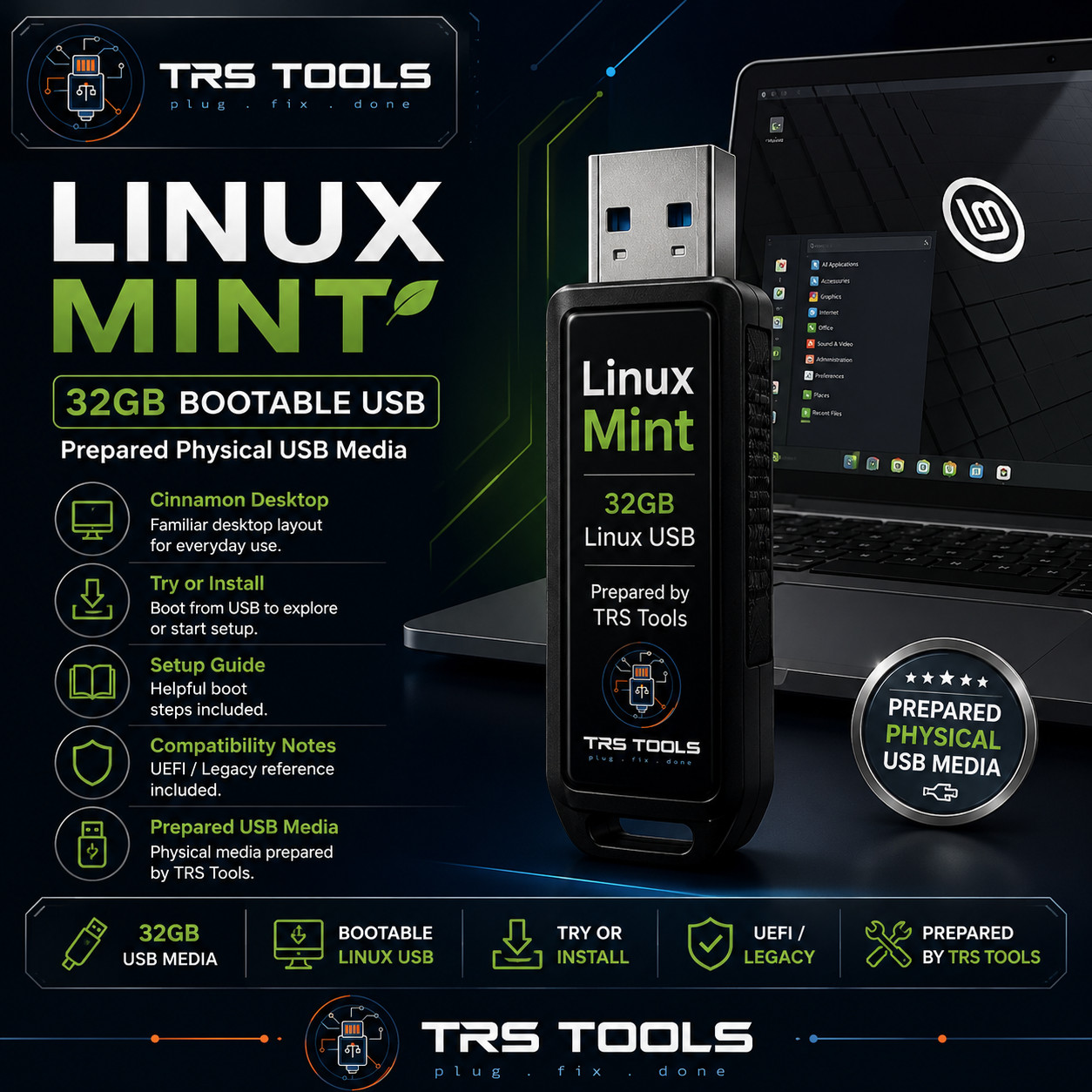 Linux Mint 22.3 Cinnamon Bootable USB 32GB Prepared Physical Media