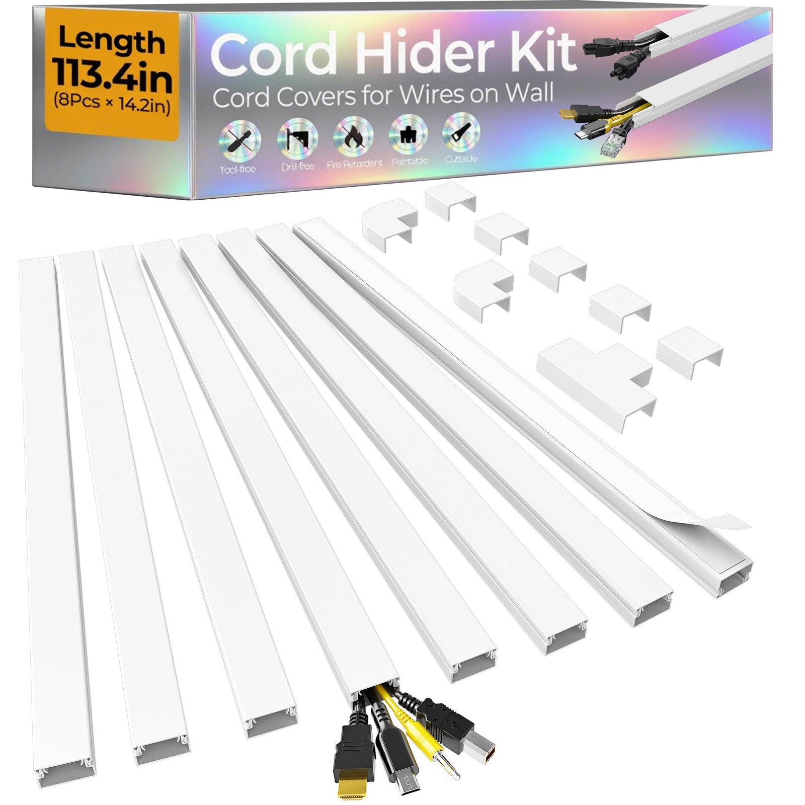 113.4in Cord Hider Kit, Covers L x 0.95in W x 0.55in H, White