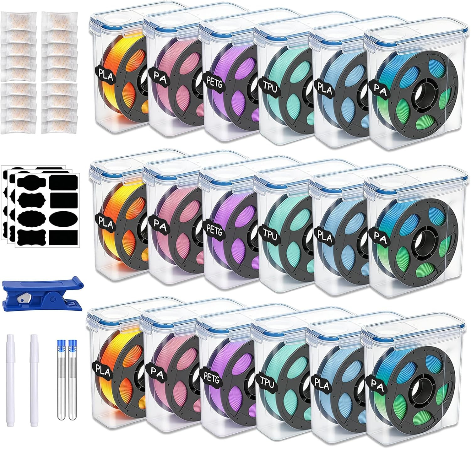 Filament Storage Box 18 Pack with Desiccants, Labels, 0.4Mm Needles