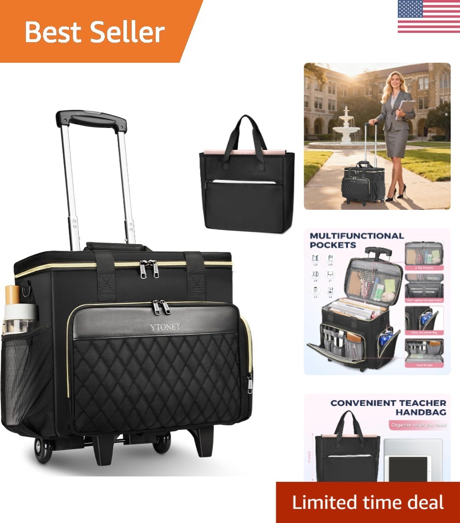 Versatile Rolling Laptop Tote - 15.6'' & Insulated Compartment - Stylish Black