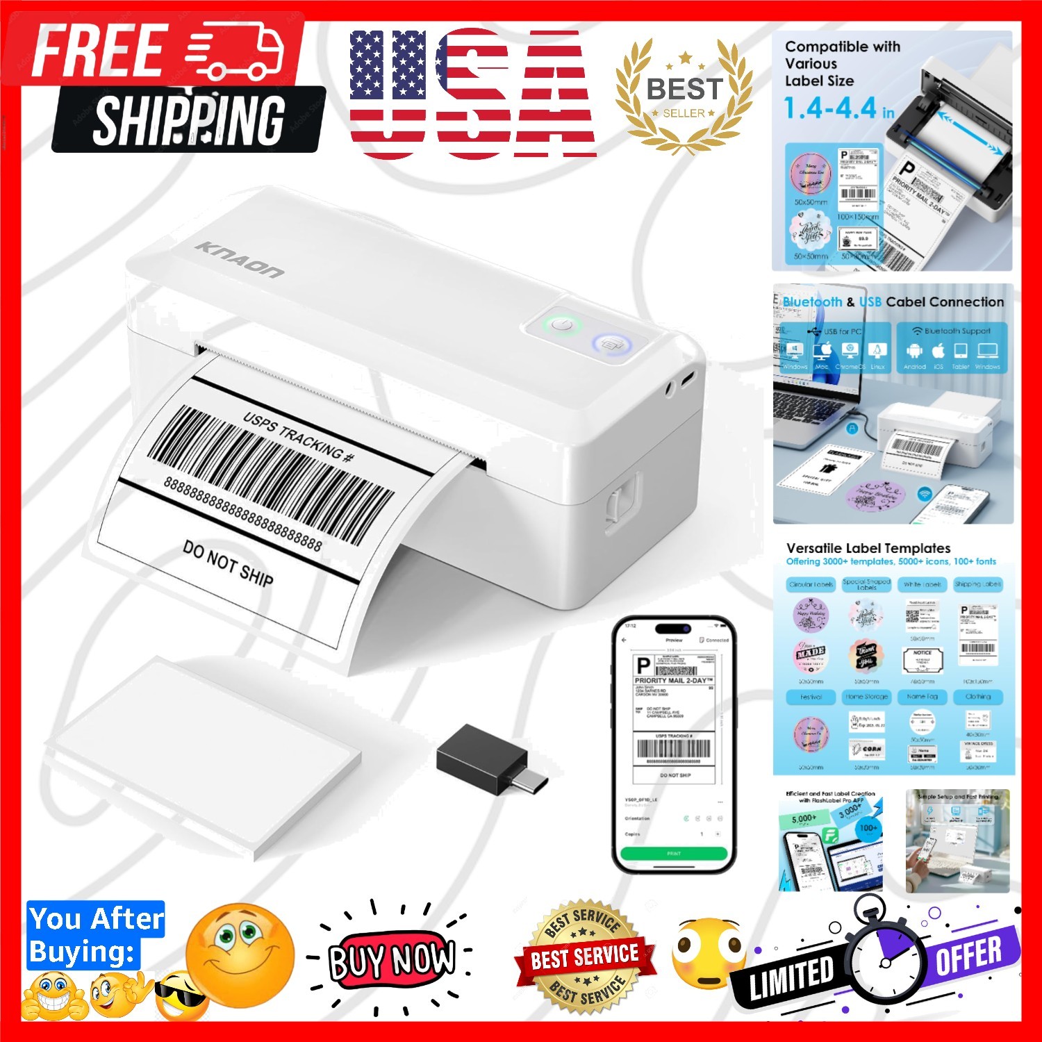 KNAON Shipping Thermal Label Printer, 4x6 Portable Label Printer, Bluetooth...