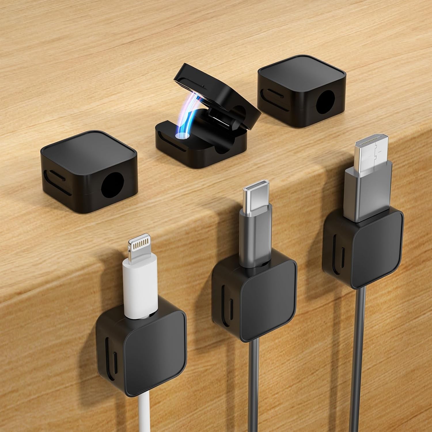 Black Magnetic Cable Clips Organizer Management Holder 6 Pack Cable Ties