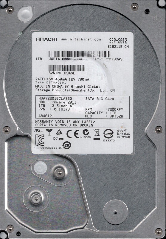 HUA722010CLA330 P/N: 0F18178 MLC: JPT52H MAC 655-1783B China Hiatachi 1TB