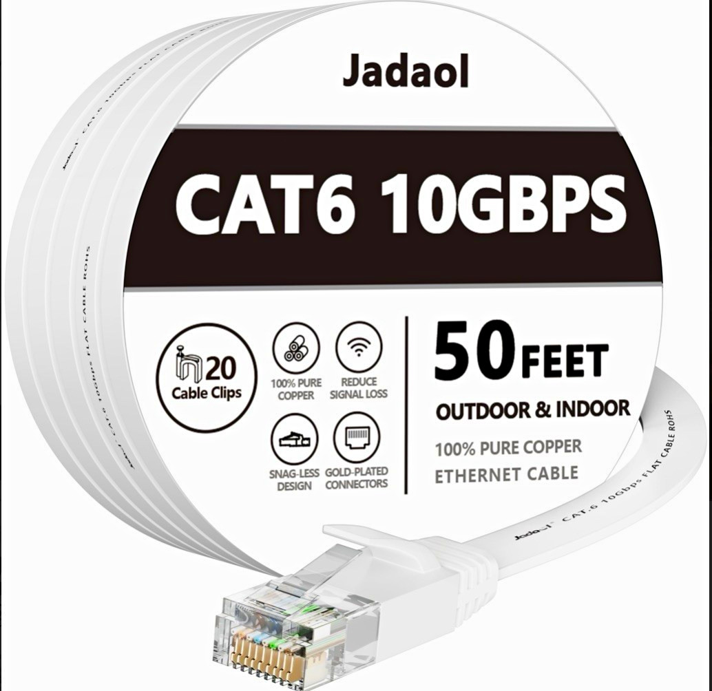 Jadaol Cat6 50ft Flat Ethernet Cable White Gold Plated RJ45 M/M Indoor/Outdoor