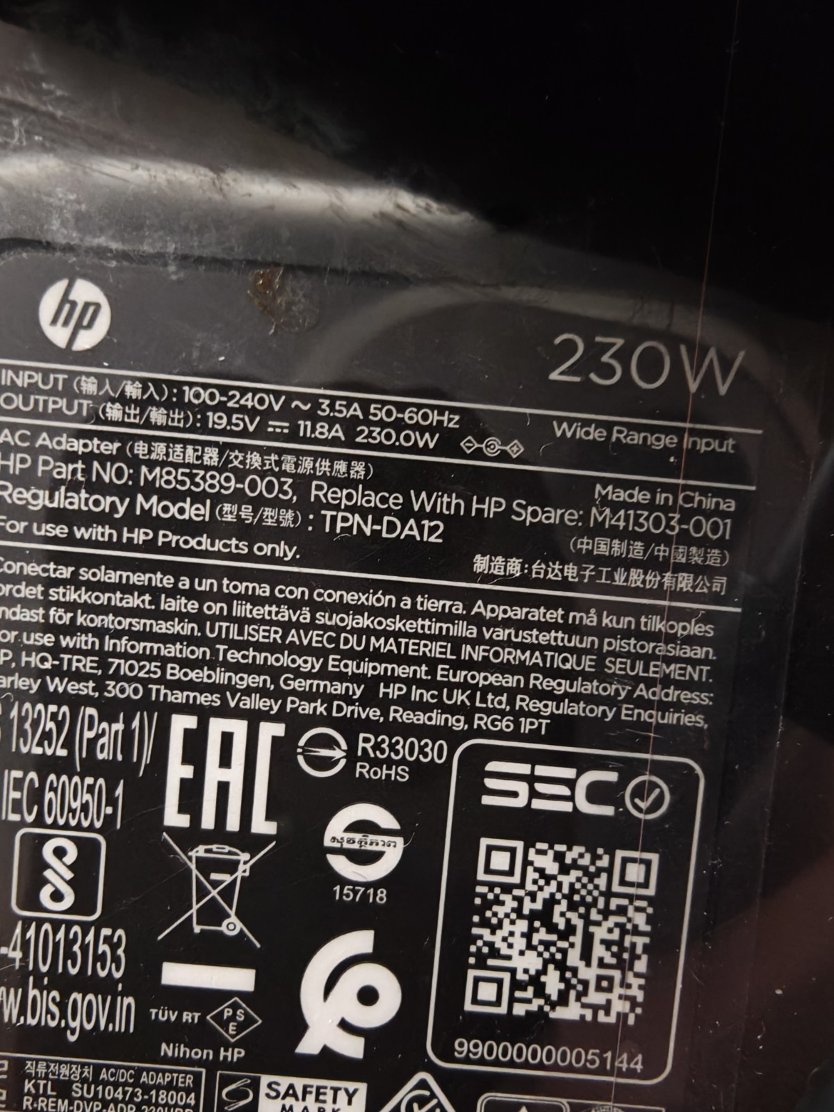 Geniune 230W AC Charger For HP M85389-003 M41303-001 TPN-DA12