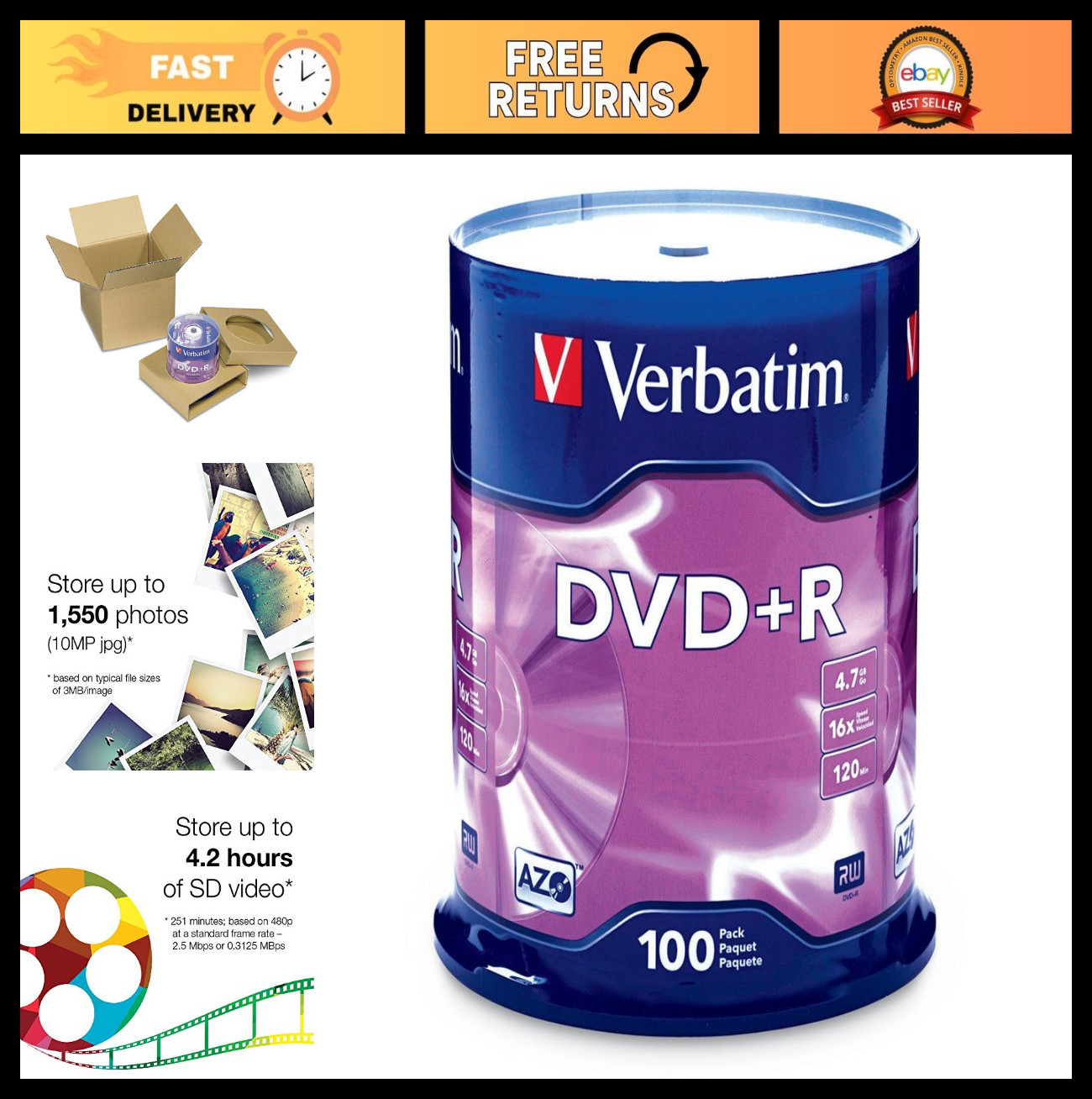 100 Pack DVD+R 4.7GB 16x Recordable Media Discs - AZO Technology Spindle