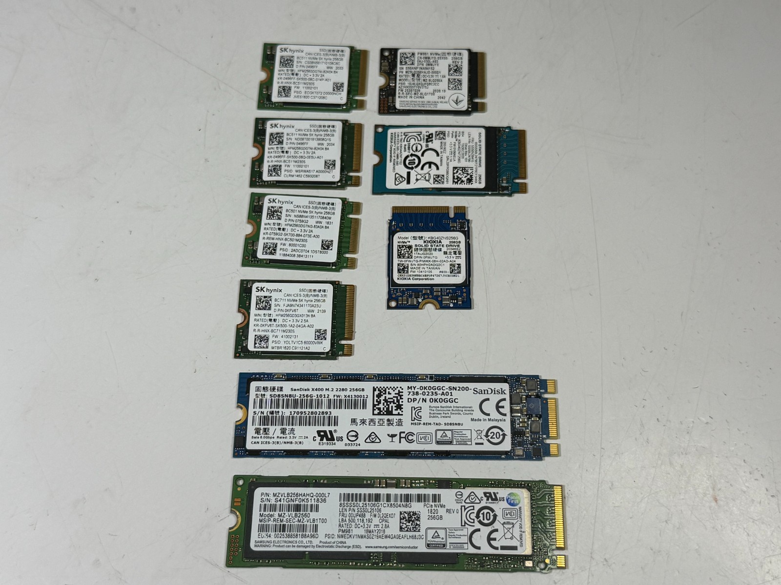Lot of 9 - 256GB NVMe M.2 SSD Mixed Brands- TESTED WIPED 
