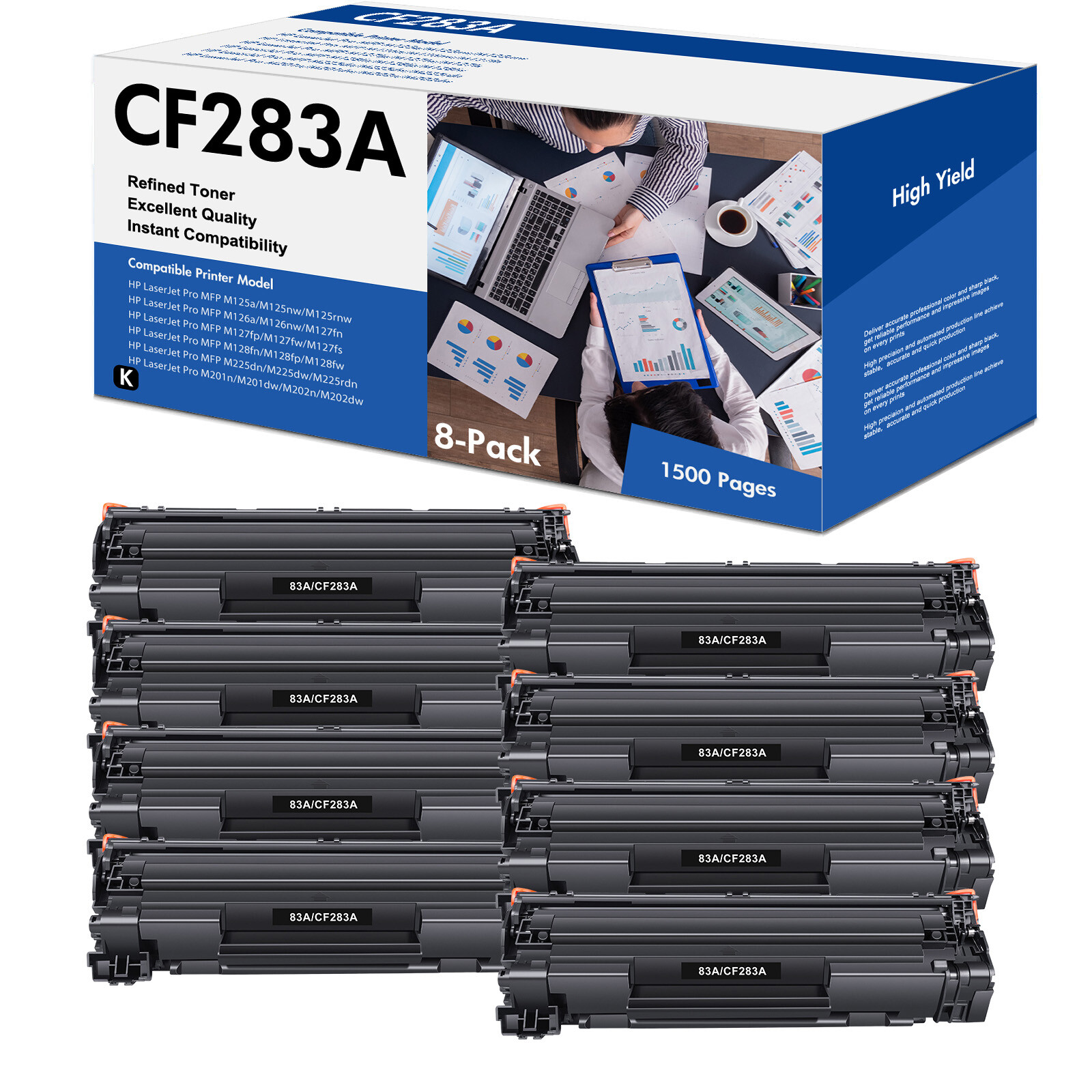 8 PACK CF283A Toner Compatible with HP LaserJet MFP M127fw M127fn M125rnw M225dw