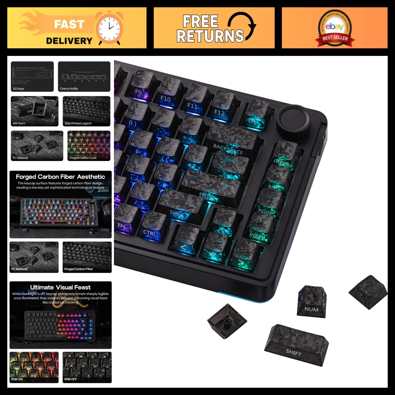 120 Keys SmokFiber Keycap Set - Side-Printed, Shine-Through Design for Mechanica
