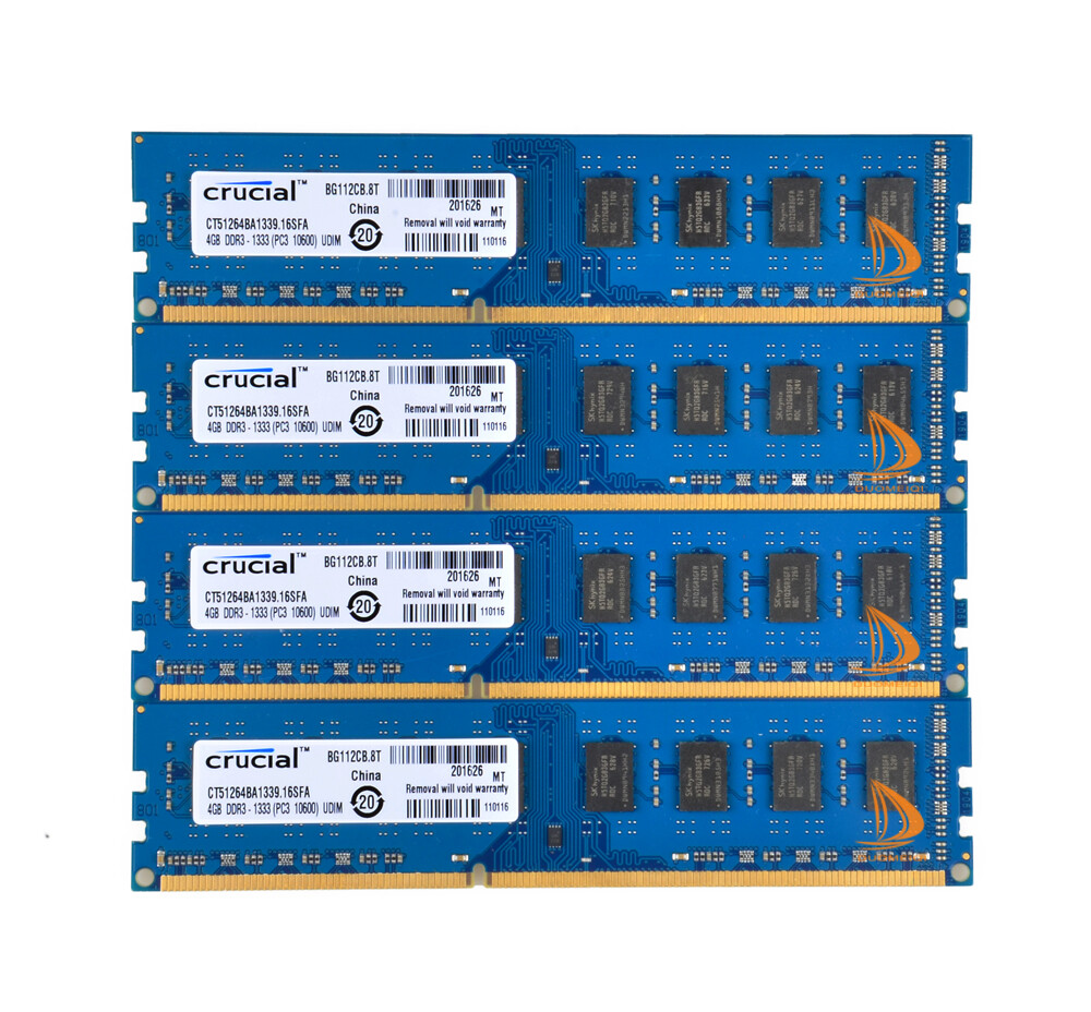 Desktop RAM Crucial 16GB 4X 4GB 2Rx8 PC3-10600U DDR3 1333Mhz DIMM 240Pin Memory，