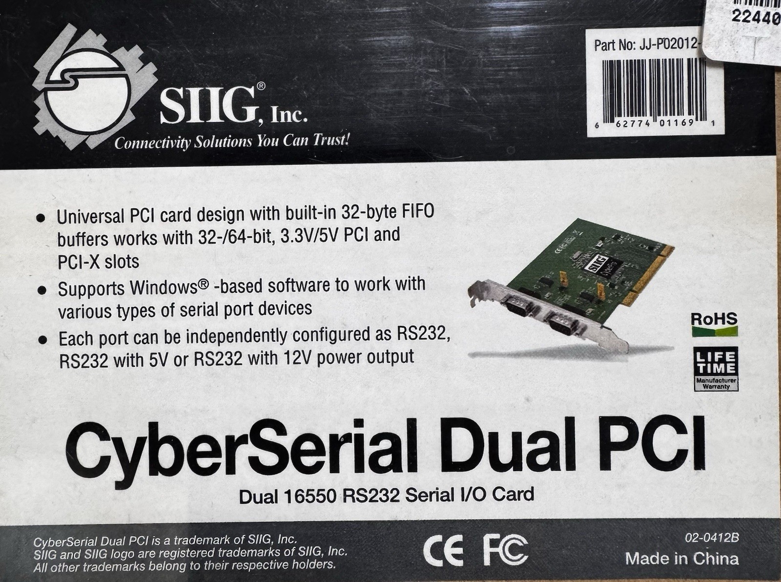 SIIG Dual Profile CyberSerial 2-Port RS-232 PCI Serial Adapter JJ-P02012-S6 NEW
