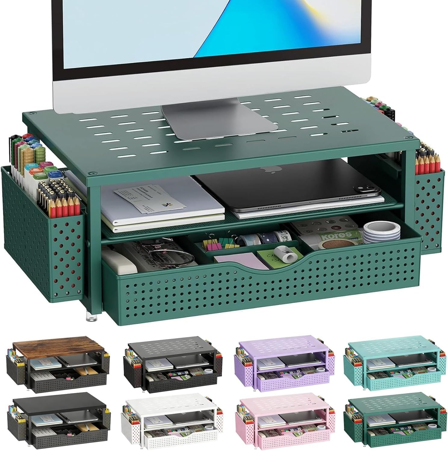 gianotter Desk Organizers and Accessories, Monitor Stand with Drawer Green