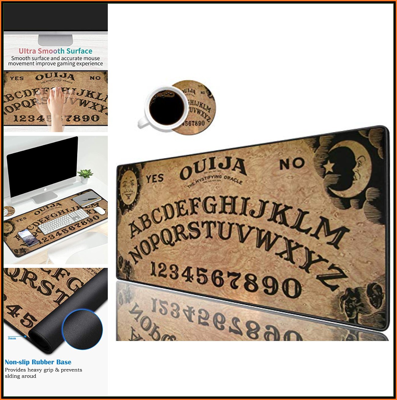XXL Gaming Mouse Pad 31.5x11.8 Retro Ouija Board Design with Coasters