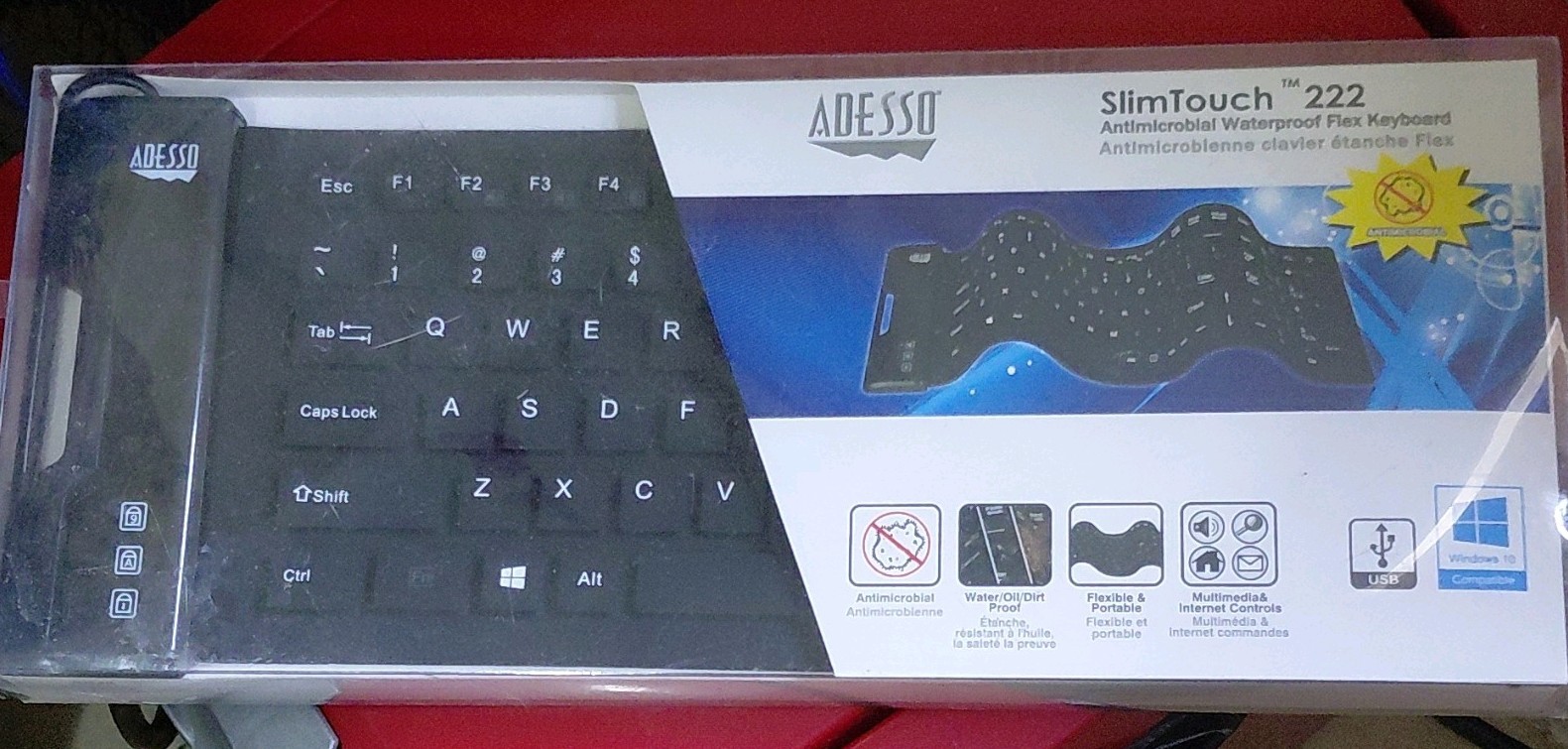 Adesso SlimTouch 222 Antimicrobial Waterproof Flexible USB QWERTY Keyboard Black