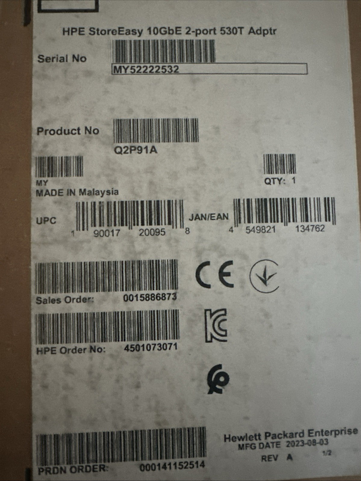 Q2P91A HPE StoreEasy 10GbE 2-port 530T Adapter