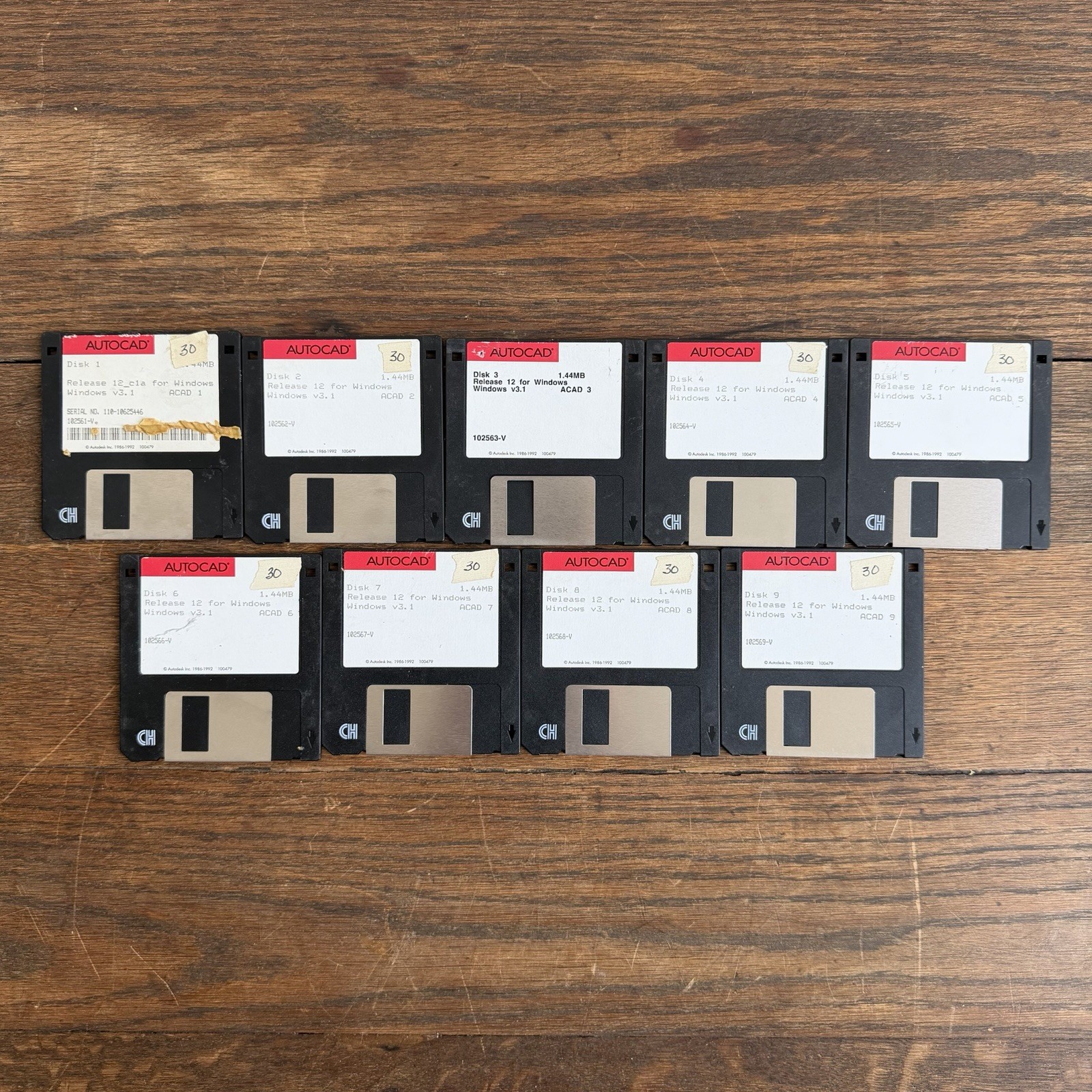 Autodesk AutoCAD Release 12 c1a Windows 3.1 3.5” Floppy Disk Set 1-9
