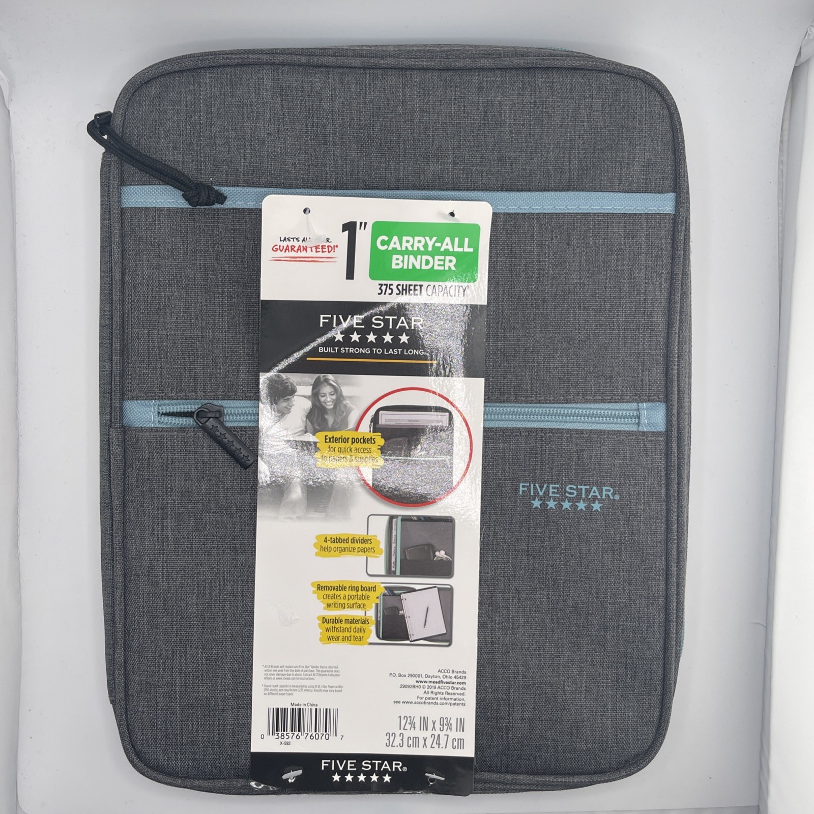 3 Ring Binder 1 Inch 375 Sheet Capacity Gray Mint Five Star 29092 Zipper