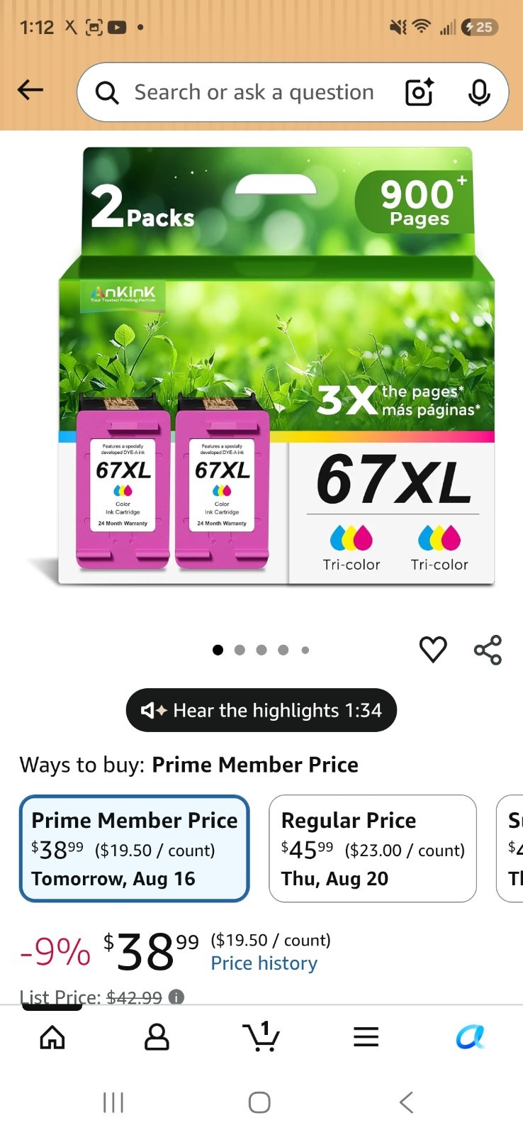 New in Box Ankink 67XL Tri-color Ink Cartridge for Printers- 2 PACK