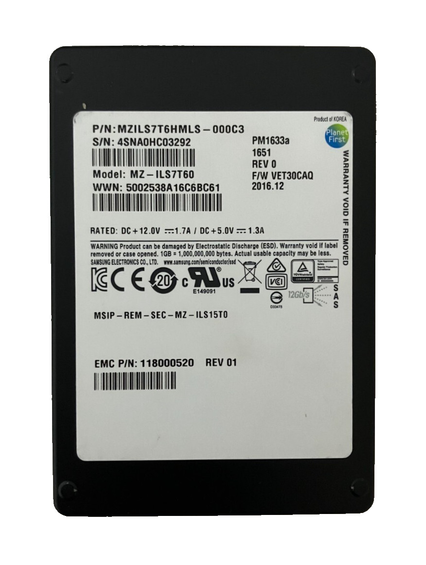 U81870 SAMSUNG MZILS7T60 SSD 768TB SAS 12Gbs 25 MZILS7T6HMLS00C3 G1N