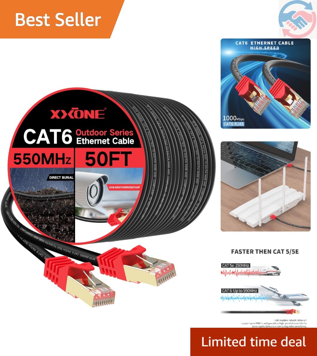 50ft Heavy-Duty Cat6 Ethernet Cable - Waterproof & Weatherproof for All Devices