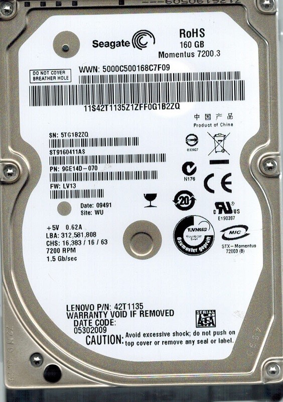 Seagate ST9160411AS 160GB P/N: 9GE14D-070 F/W: LV13 WU