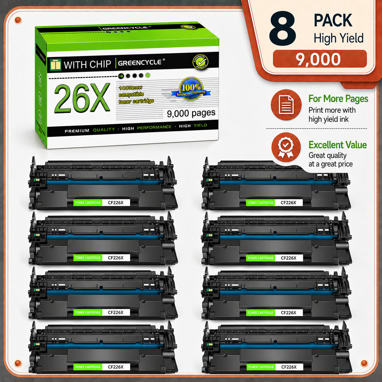 8 Pack CF226A 26A Black Toner Cartridge for HP M402 MFP M426dw High Yield