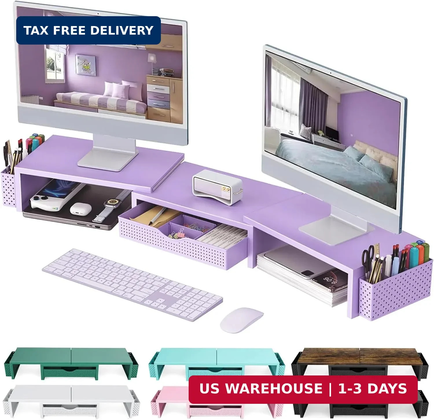 gianotter Dual Monitor Stand Riser, Desk Organizer With Drawer and 2 Pen Holders