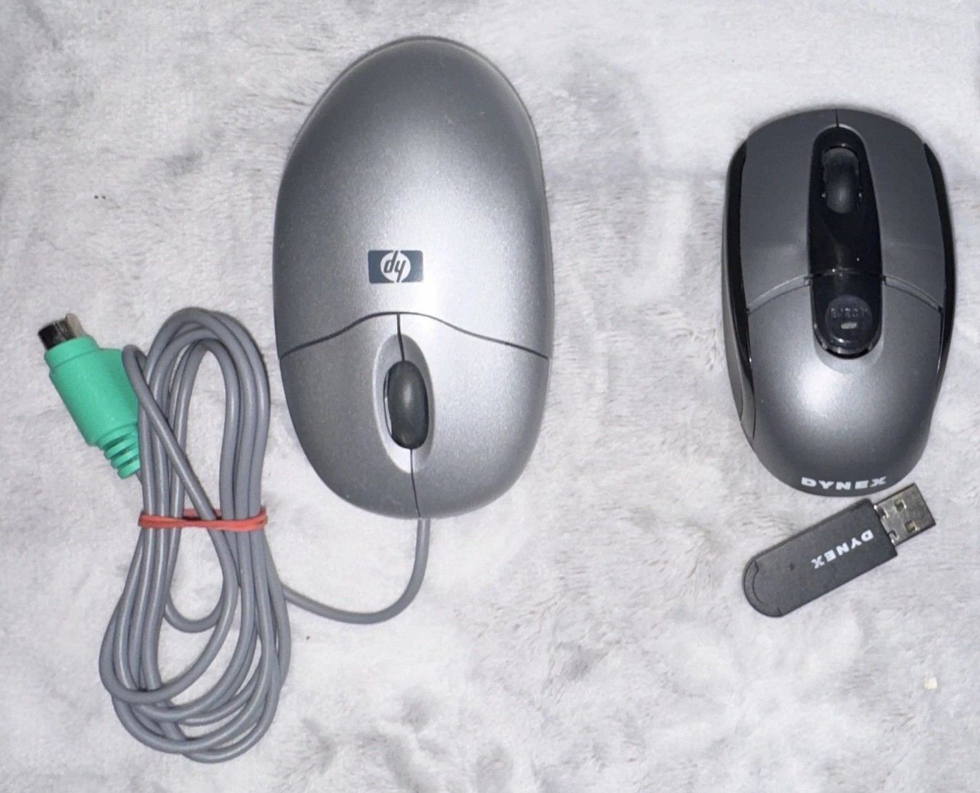 Lot of 2 - Vintage HP Silver Wired Mouse & Dynex Wireless Mouse w/ USB Receiver