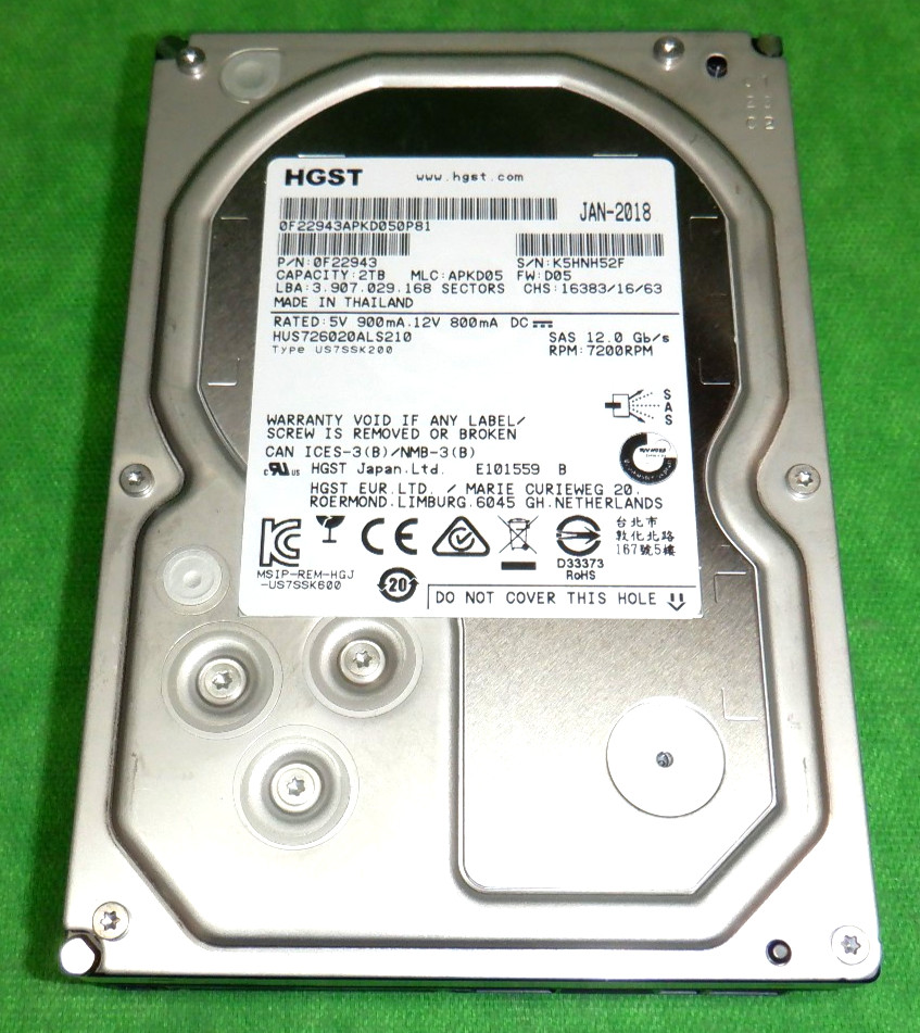 HGST 2TB LFF SAS Hard Disk Drive 0F22943 3.5" 7.2k 12Gbps HDD     95% LIFE LEFT