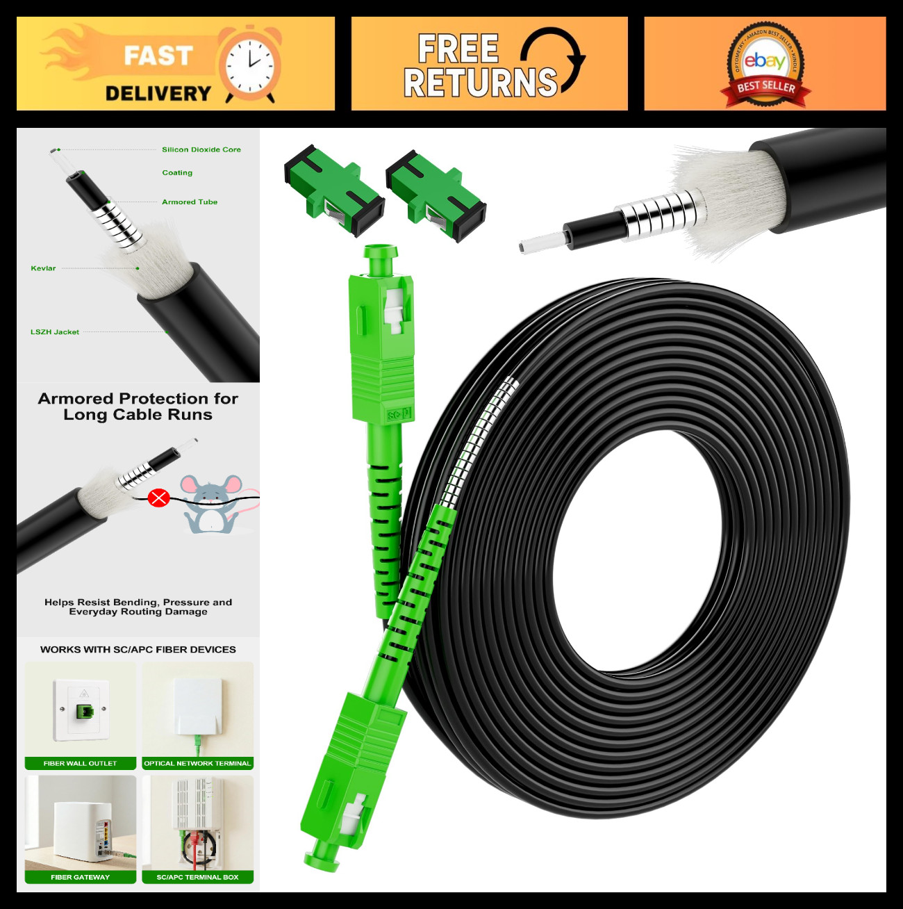 Outdoor Armored Fiber Optic Internet Cable SC/APC OS2 50M/164FT - High-Speed Con