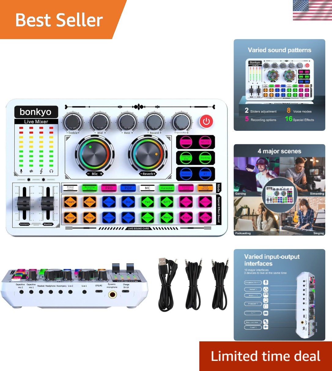 F999 White Live Streaming Sound Card with Voice Changer & Bluetooth - 5 Channels