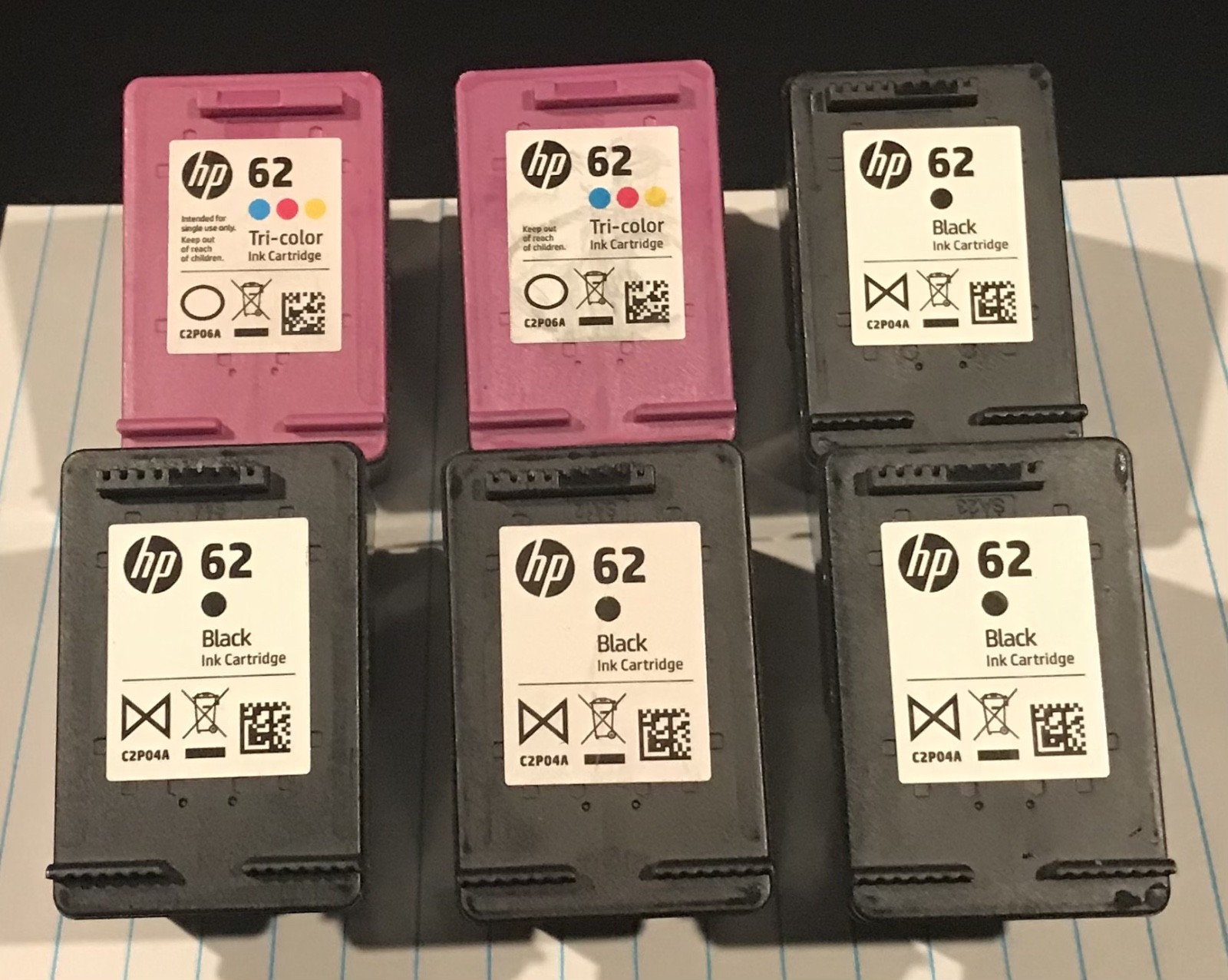 Lot of 6 Authentic HP62 Empty Black & Tri-color Ink Cartridges