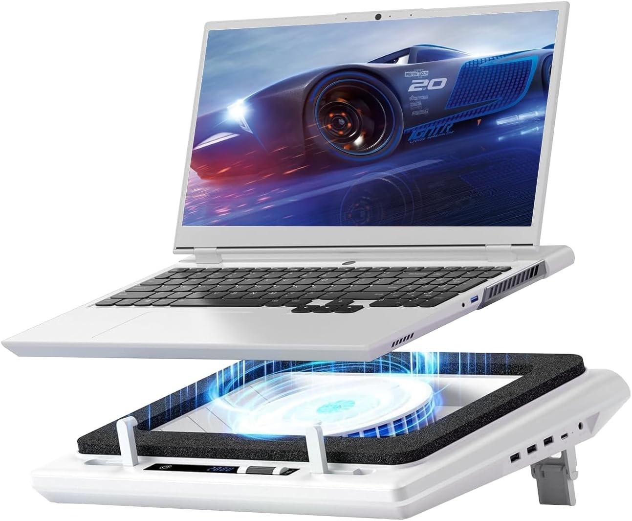 llano V12 Laptop Cooling Pad + XL Gaming Mousepad, fits 15.6"-19", LCD, - White