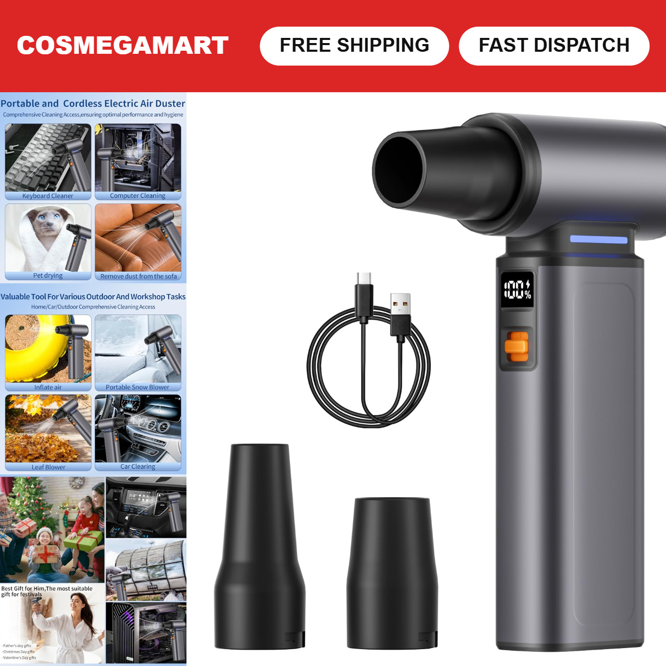 Portable Rechargeable Electric Air Duster - Compressed Air Blower for Cleaning