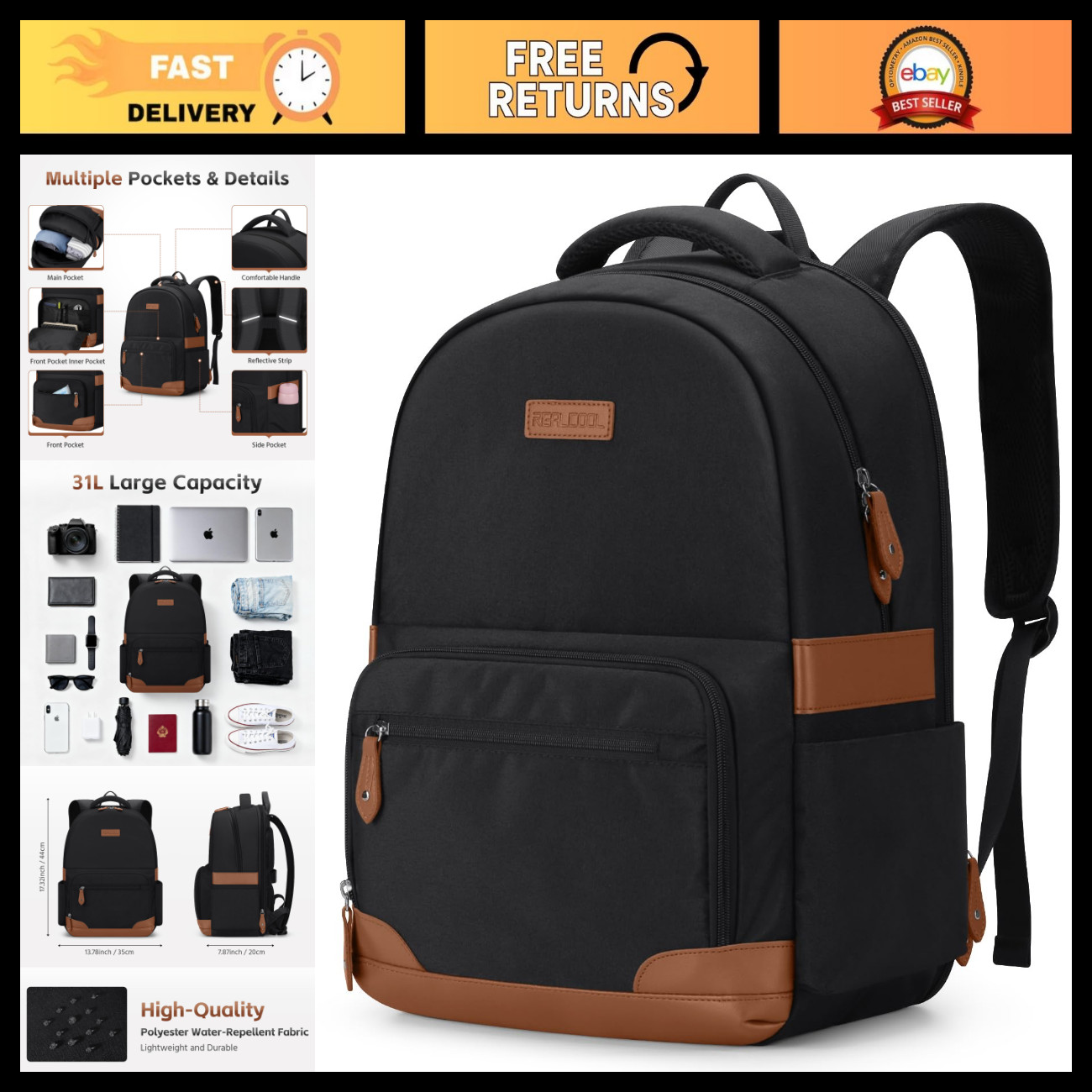 Water Resistant Laptop Backpack 15.6-17.3" | 31L Travel Bag for School & Work