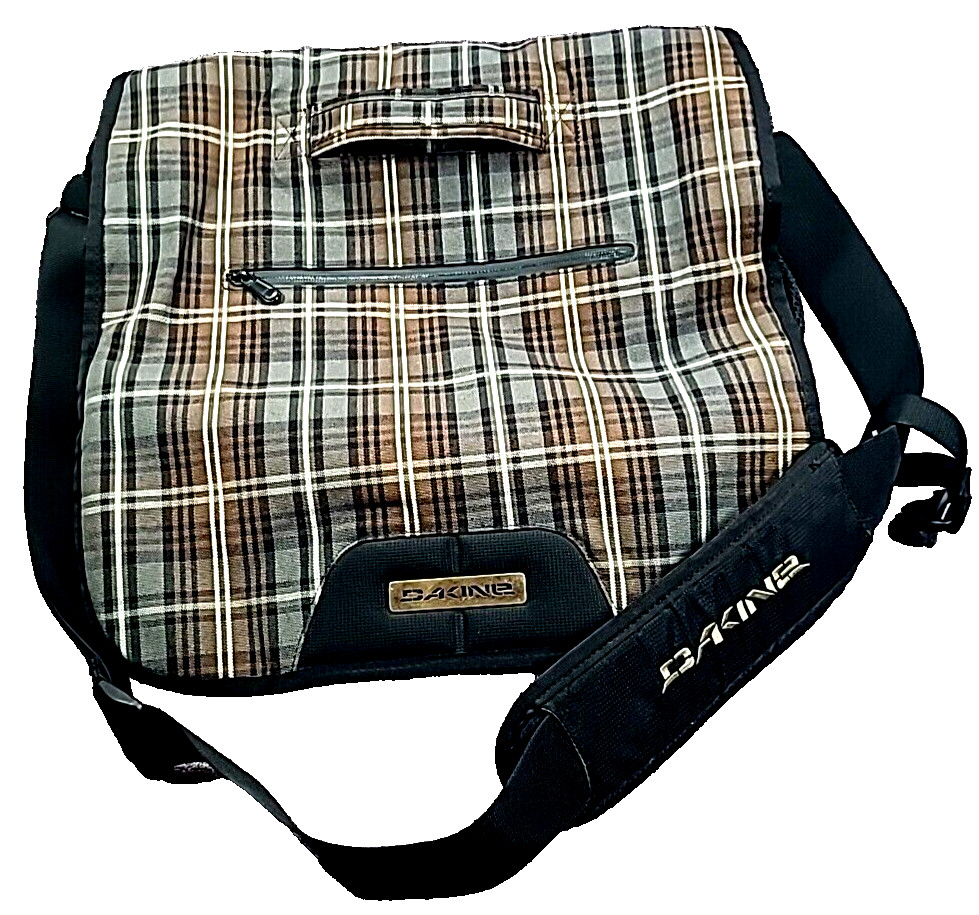 Dakine Laptop Messenger Bag Black Brown Gray White Plaid Large 17 x 10.5 x 6.5
