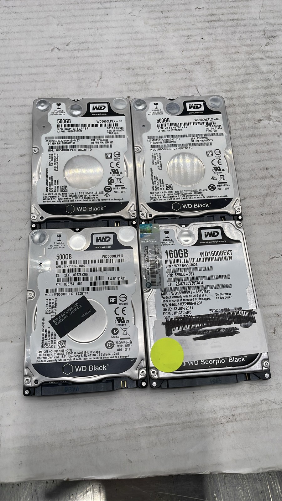 WD Black 2.5 SATA 500GB WD5000LPLX & 160GB WD1600BEKT HDD Lot Of 4