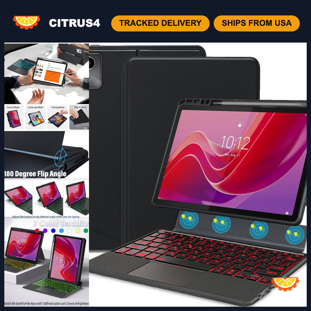 Backlit Touchpad Keyboard Case for 11" Lenovo Tab M11 2024, Multi-Angle Stand, D